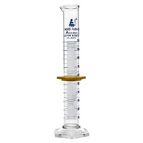 EISCO Graduated Cylinder, 100mL - ASTM, Class A Tolerance ±0.50mL - Protective Collar, Hexagonal Base - Blue Graduations - Borosilicate 3.3 Glass