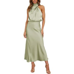 Sexyshine Women's Elegant Halter Tie Neck Sleeveless Satin Long Dress Backless Split Cocktail Party Formal Wedding Maxi Dress