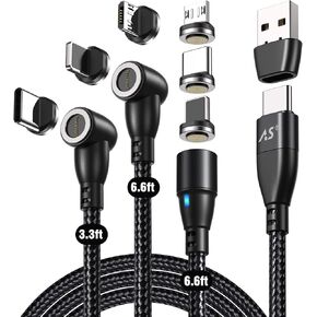 A.S 9 PIN USB Magnetic Charging Cable PD 60W [3 Pack,3ft/6ft/6ft] - Type C Magnetic Charger Fast Charging - Magnetic Phone Charger Cord - Nylon-Braided Data Syns for USB C/Micro USB/i-Product
