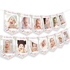 Wildflower Theme 1st Birthday Photo Banner from Newborn to 12 Months for Girls, Growth Record Monthly Milestone Picture Banner First Birthday Party Decorations for 1 Year Old Girl