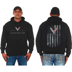 JH DESIGN GROUP Men's Chevy Corvette C8 Pullover Hoodie American Flag 2 Sided Sweatshirt