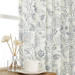 Vision Home Flax Linen Vintage Floral Semi Sheer Curtains Rod Pocket Back Tab Print Jacobean Textured Light Filtering Window Curtains Farmhouse Drape 63 inch for Living Room Bedroom 2 Panels 52"Wx63"L