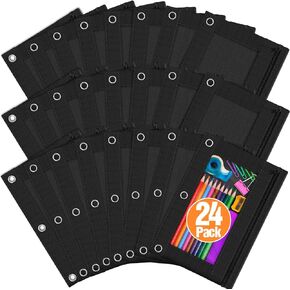 LURLIN Pencil Pouch for 3 Ring Binder, 24 Pack Pencil Bags with Zipper, Black Pencil Case for Classroom School Office Supplies, Large Sturdy and Durable Cloth Pencil Pocket for 3 Holder Binder