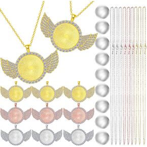 Hicarer 27 Pieces Rhinestone Wing Bezel Pendant Trays with Glass Cabochons and Lobster Clasps Chains Set for DIY Jewelry Crafts Making Supplies