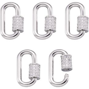 Pandahall 5pcs Real Platinum Plated Mini Oval Screw Locking Carabiner Micro Pave Cubic Zirconia Carabiner Lock Charm Keychain Hook Clasps Quick Link for Jewelry Making Supplies