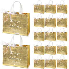 CHENGU 50 Pcs Thank You Gift Bags Thank You for Celebrating with Us Wedding Gift Bag Welcome Bag Birthday Glossy Tote Ribbon Reusable Bag for Hotel Guest Bachelorette Party Bridal Shower(Gold)