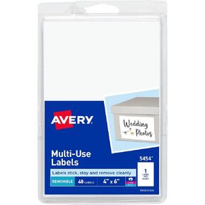 ملصقات Avery قابلة للإزالة، ملصقات فارغة مقاس 4 × 6 بوصات، ملصقات قابلة للطباعة بالليزر/النافثة للحبر، 40 ملصقًا في كل عبوة (5454)