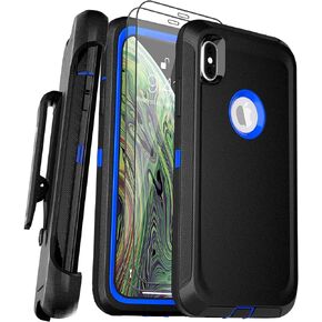 for iPhone Xs Max Case with Belt Clip Holster Kickstand and 2 Screen Protector Tempered Glass, Full Protection Cover Heavy Duty Phone Case 6.5" Military Grade (Belt Clip,Black+Green)