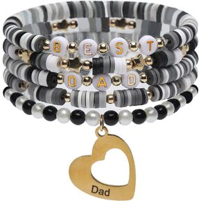 5Pcs Father's Day Love Bracelet Heishi Bracelet Boho Clay Elastic Bracelet Beach Bracelet Birthday Gift for Dad（2402）