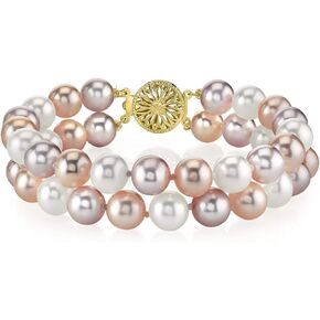 The Pearl Source 14K Gold AAAA Quality Round Multicolor Freshwater Cultured Pearl Double Strand Bracelet for Women