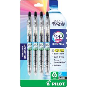 Pilot B2P Bottle 2 Pen Refillable & Retractable Gel Roller Pen Made From Recycled Bottles, Clear Barrel, Fine Point, 4-Pack, Black Ink