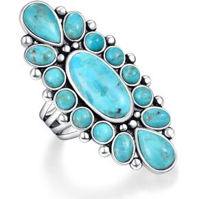 925 Sterling Silver Turquoise/Spiny Turquoise/Teal Turquoise Ring for Women Black Oxidized Silver Statement Rings for Valentine Day Bohemian Flower Ring Size 6-9