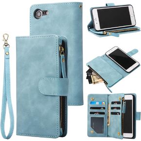 RANYOK Wallet Case Compatible with iPhone SE 2022 5G, iPhone 7/8/SE 2020 (4.7 inch), RFID Blocking PU Leather Flip Folio with Wrist Strap [Kickstand] Protective Case for iPhone 7/8/SE 2/SE 3 -Blue