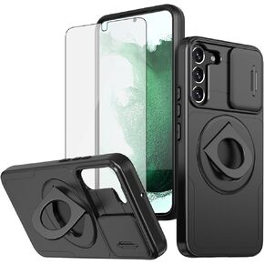 Asuwish Phone Case for Samsung Galaxy S22 Plus S22+ 5G with Slide Camera Cover Tempered Glass Screen Protector Stand Ring Holder Rugged Slim Cell S22+5G S22plus 22S + S 22 22+ Women Girls Men Red