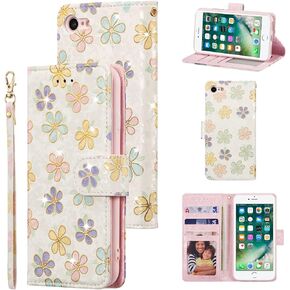 UEEBAI Wallet Case for iPhone 7 Plus/iPhone 8 Plus, PU Leather Phone Case Kickstand RFID Blocking Flip Case with Card Slots Wrist Strap Relief Engraved Pattern Magnetic Folio Case - Blue Butterfly