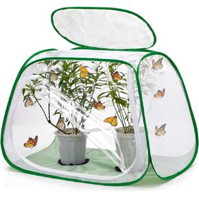 Outdoor Pop-up Large Insect and Butterfly Net Habitat，with Rainproof top Cover Increase Survival Rate, Windproof Trapezoidal Design，Collapsible Caterpillar Growing Mesh Cage Terrarium