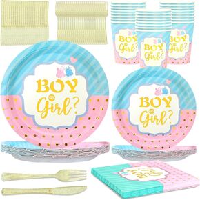 144 PCS Baby Gender Reveal Party Supplies - Boy or Girl Complete Disposable Tableware for for Baby Shower Decorations, Includes Plates, Napkins, Cups, Forks in Blue and Pink, Serves 24 Guests