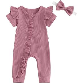 Ayalinggo Newborn Baby Girl Clothes Short Sleeve Romper Infant Zipper Jumpsuit Summer Coming Home Outfits With Bow Headband