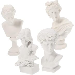 4Pcs Miniature Greek Sculptures David Figurine Goddess Sculpture Goddess Bust Statues Greek Mythology Figurine Gypsum Norse Decor Mini Greek Bust Statues Resin White Rome Desktop