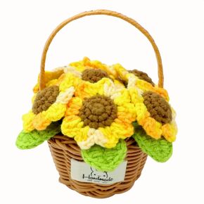 زهور الكروشيه المصنوعة يدويًا عباد الشمس، سلة عباد الشمس المحبوكة بوعاء النباتات والزهور إلى الأبد سلة الزهور المصنوعة يدويًا مع مقبض للهدايا، الزفاف، ديكور المنزل