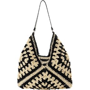 حقائب هوبو من القش للنساء، كل شيء، حقيبة كتف منسوجة، حقيبة يد صيفية للشاطئ، باللون الأسود in Kuwait