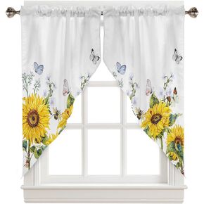 Floral Swag Valance Curtains Sunflower Butterfly Park Rod Pocket Kitchen Curtains Scalloped Window Treatment Valances Swag Curtains for Living Room, 1 Pair, 28" W x 36" L