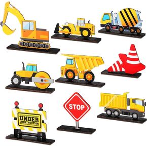 Sratte 9 Pcs Construction Wooden Table Centerpiece Wood Construction Birthday Party Supplies Truck Excavator Construction Party Decorations Sign for Theme Party Baby Shower Table Decor Photo Props