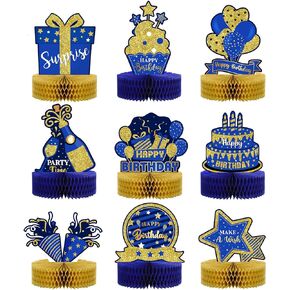 9 Pieces Blue Gold Birthday Table Decorations Happy Birthday Honeycomb Centerpieces Glitter Table Toppers, Blue and Gold Party Decorations for Kids Baby Shower, Men and Woman Birthday Supplies