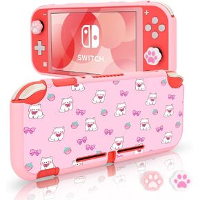 DLseego Protective Case for Switch Lite Console 2019, TPU Soft Shell Anti-Slip Shock-Absorption Protective Soft Games Case Accessories with 2 PCS Cute Cat Paw Thumb Grips Caps-Brown Bear Heart