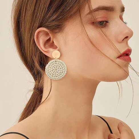 Lightweight Rattan Statement Earrings for Women Teen Girls,Geometric Tassel Woven Boho Earrings Handmade Straw Wicker Braid Hoop Drop Dangle Earrings (A) in Saudi Arabia