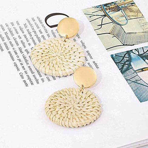 Lightweight Rattan Statement Earrings for Women Teen Girls,Geometric Tassel Woven Boho Earrings Handmade Straw Wicker Braid Hoop Drop Dangle Earrings (A) in Saudi Arabia