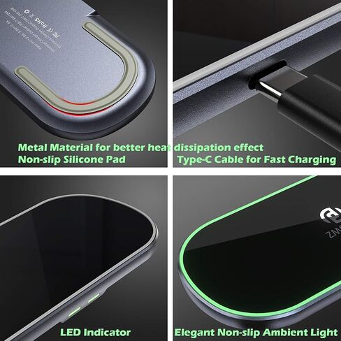 Dual Wireless Charging Mat Fast Wireless Charger iPhone Wireless Charging Pad Station Metal Qi 5 Coils 10W Large Multiple Devices Compatible with iPhone 12 11 X XS Max Samsung USB C Adapter Included in Kuwait