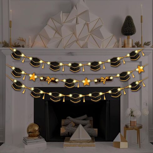 3 Pcs Graduation Banners with LED Lights Congrats Grad Banner Graduation Garland Class of 2024 Black and Gold Congratulations Banner LED Garland for Graduation Party Decorations Supplies in Saudi Arabia