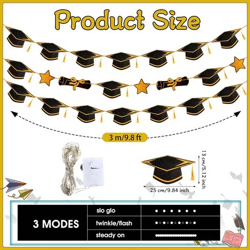 3 Pcs Graduation Banners with LED Lights Congrats Grad Banner Graduation Garland Class of 2024 Black and Gold Congratulations Banner LED Garland for Graduation Party Decorations Supplies in Saudi Arabia