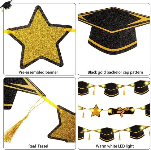 3 Pcs Graduation Banners with LED Lights Congrats Grad Banner Graduation Garland Class of 2024 Black and Gold Congratulations Banner LED Garland for Graduation Party Decorations Supplies in Saudi Arabia