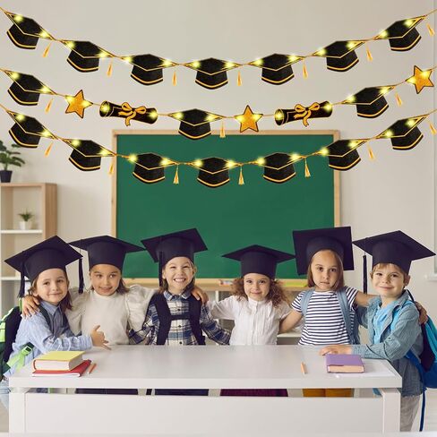 3 Pcs Graduation Banners with LED Lights Congrats Grad Banner Graduation Garland Class of 2024 Black and Gold Congratulations Banner LED Garland for Graduation Party Decorations Supplies in Saudi Arabia