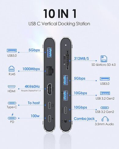 محطة إرساء LENTION USB C، 10 جيجابت في الثانية USB C ومنافذ USB A، 4K 60 هرتز HDMI، 100 واط PD، إيثرنت، قارئ بطاقات، USB 3.0، AUX، قاعدة USB C لأجهزة MacBook/Surface، المزيد، محور USB C للسائق الثابت (CB-D65، فضاء رمادي) in Kuwait