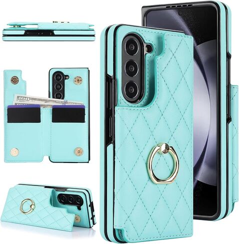 for Samsung Galaxy Z Fold 5 Wallet Case with Ring and Credit Card Holder, Cash Slot, Premium Diamond Leather Magnetic Clasp Kickstand Heavy Duty Protective Cover.(Green) in Kuwait