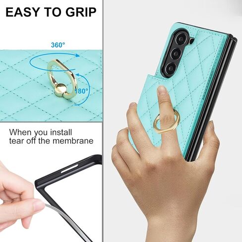 for Samsung Galaxy Z Fold 5 Wallet Case with Ring and Credit Card Holder, Cash Slot, Premium Diamond Leather Magnetic Clasp Kickstand Heavy Duty Protective Cover.(Green) in Kuwait