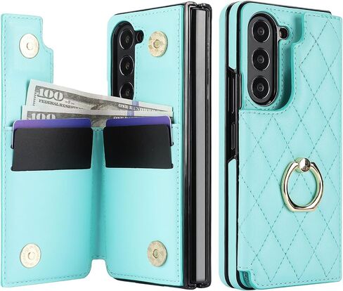 for Samsung Galaxy Z Fold 5 Wallet Case with Ring and Credit Card Holder, Cash Slot, Premium Diamond Leather Magnetic Clasp Kickstand Heavy Duty Protective Cover.(Green) in Kuwait