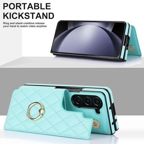 for Samsung Galaxy Z Fold 5 Wallet Case with Ring and Credit Card Holder, Cash Slot, Premium Diamond Leather Magnetic Clasp Kickstand Heavy Duty Protective Cover.(Green) in Kuwait