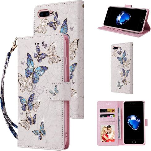 UEEBAI Wallet Case for iPhone 7 Plus/iPhone 8 Plus, PU Leather Phone Case Kickstand RFID Blocking Flip Case with Card Slots Wrist Strap Relief Engraved Pattern Magnetic Folio Case - Blue Butterfly in Kuwait