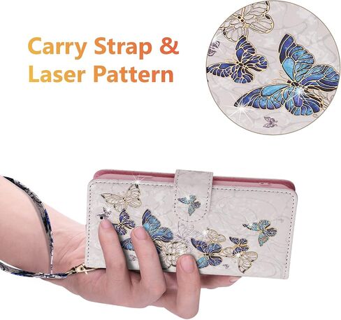 UEEBAI Wallet Case for iPhone 7 Plus/iPhone 8 Plus, PU Leather Phone Case Kickstand RFID Blocking Flip Case with Card Slots Wrist Strap Relief Engraved Pattern Magnetic Folio Case - Blue Butterfly in Kuwait