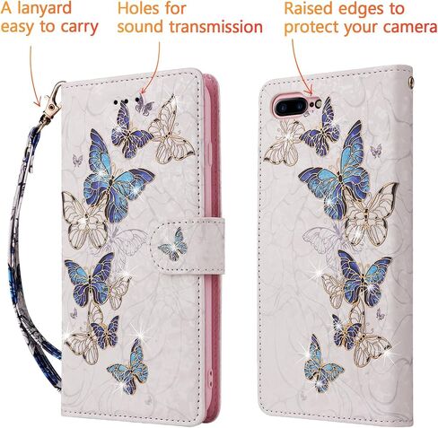 UEEBAI Wallet Case for iPhone 7 Plus/iPhone 8 Plus, PU Leather Phone Case Kickstand RFID Blocking Flip Case with Card Slots Wrist Strap Relief Engraved Pattern Magnetic Folio Case - Blue Butterfly in Kuwait
