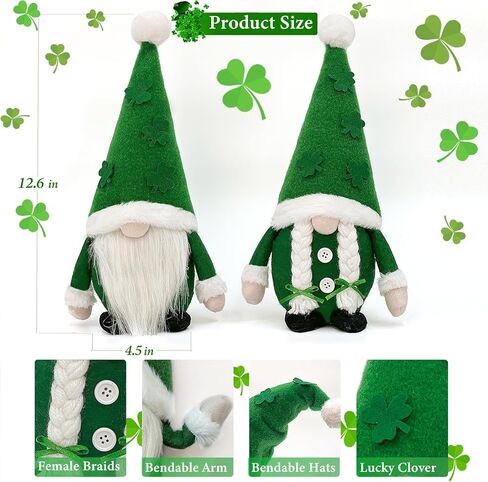 عبوة من قطعتين من هدايا جنوم ديكورات عيد القديس باتريك - مجموعة قطيفة مصنوعة يدويًا من زخارف التماثيل السويدية، دمية الجنوم الأيرلندية، ديكور صينية من طبقة الطاولة المنزلية على شكل قزم شامروك in Kuwait