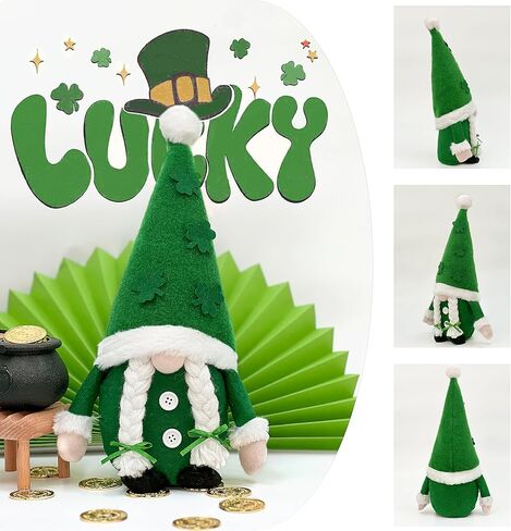 عبوة من قطعتين من هدايا جنوم ديكورات عيد القديس باتريك - مجموعة قطيفة مصنوعة يدويًا من زخارف التماثيل السويدية، دمية الجنوم الأيرلندية، ديكور صينية من طبقة الطاولة المنزلية على شكل قزم شامروك in Kuwait