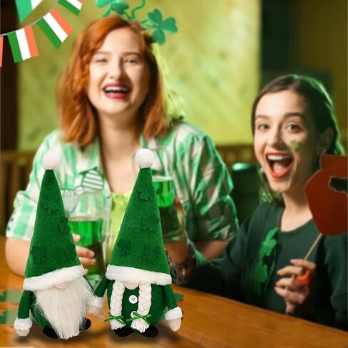 عبوة من قطعتين من هدايا جنوم ديكورات عيد القديس باتريك - مجموعة قطيفة مصنوعة يدويًا من زخارف التماثيل السويدية، دمية الجنوم الأيرلندية، ديكور صينية من طبقة الطاولة المنزلية على شكل قزم شامروك in Kuwait