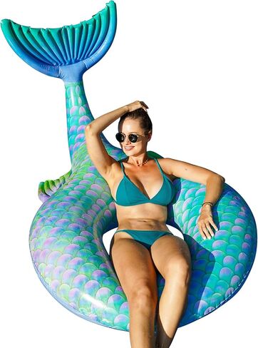 FindUWill حوض سباحة قابل للنفخ يطفو على شكل حلقات أنبوبية للسباحة على شكل حورية البحر، عوامات الشاطئ، ألعاب السباحة، لعبة الصيف العائمة على البحيرة والشاطئ، أنابيب النهر شديدة التحمل، صالة طوف حمام السباحة للبالغين (أزرق) in Kuwait