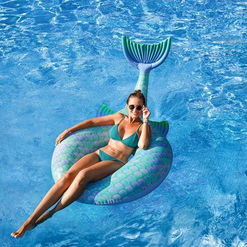 FindUWill حوض سباحة قابل للنفخ يطفو على شكل حلقات أنبوبية للسباحة على شكل حورية البحر، عوامات الشاطئ، ألعاب السباحة، لعبة الصيف العائمة على البحيرة والشاطئ، أنابيب النهر شديدة التحمل، صالة طوف حمام السباحة للبالغين (أزرق) in Kuwait
