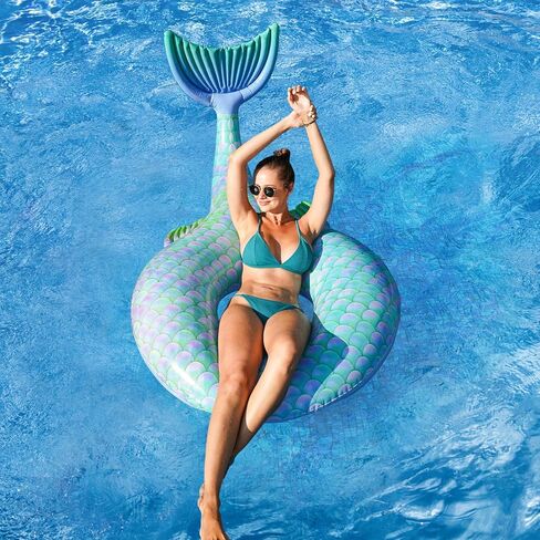 FindUWill حوض سباحة قابل للنفخ يطفو على شكل حلقات أنبوبية للسباحة على شكل حورية البحر، عوامات الشاطئ، ألعاب السباحة، لعبة الصيف العائمة على البحيرة والشاطئ، أنابيب النهر شديدة التحمل، صالة طوف حمام السباحة للبالغين (أزرق) in Kuwait